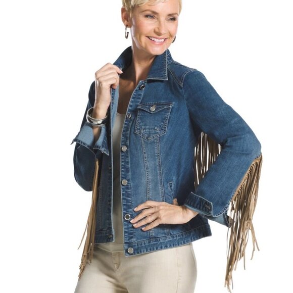 COPY - Chico's Platinum Fringe Denim Jacket - VINTAGE LOOK! NWOT - Picture 4 of 11